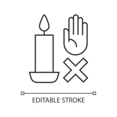 Never touch burning candle linear manual label icon. Safety measures. Thin line customizable illustration. Contour symbol. Vector isolated outline drawing for product use instructions. Editable stroke