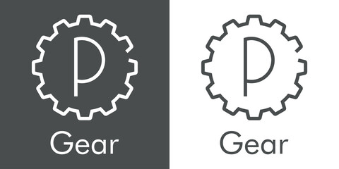 Logotipo palabra Gear con letra inicial P en silueta de engranaje con lineas en fondo gris y fondo blanco