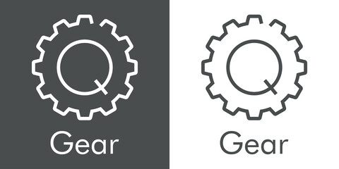 Logotipo palabra Gear con letra inicial Q en silueta de engranaje con lineas en fondo gris y fondo blanco