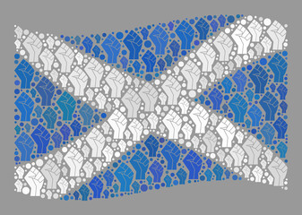 Mosaic waving Scotland flag constructed with riot hand icons. Fight hand vector collage waving Scotland flag constructed for brute force wallpapers. Designed for political and patriotic doctrines.