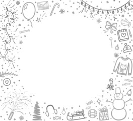Hand drawn christmas elements. Abstract xmas holiday frame. Freehand drawings. Banner design. Children's drawings. Black and white illustration
