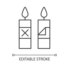Remove candle packaging before use linear manual label icon. Thin line customizable illustration. Contour symbol. Vector isolated outline drawing for product use instructions. Editable stroke