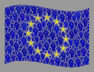 Mosaic waving Europe flag created with rebel items. Revolution fist vector collage windy Europe flag constructed for brute force posters. Designed for political and patriotic agitation.