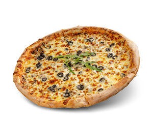 Pizza with cheese and tomato sauce isolated on white background. Deliciouse topping.