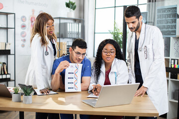 DNA code, science concept. Skilled diverse medical group of doctors biochemists, having online video call on laptop, and discussing information about gens and chemical formulas