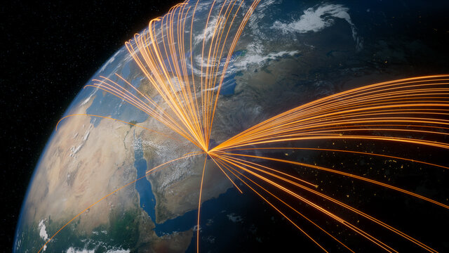 Earth in Space. Orange Lines connect Doha, Qatar with Cities across the World. Global Travel or Business Concept.