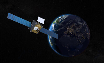 Nouveau satellite de télécommunication en orbite autour de la Terre - Map de la Nasa - Rendu 3D - obrazy, fototapety, plakaty