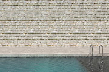 Scandinavian design outdoor terrace with swimming pool. Mock up stone wall background. 3d render illustration.