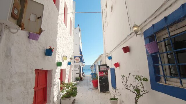 Dolly out, narrow Aegean street, white houses, red and blue windows, colorful flower pots on wall.
