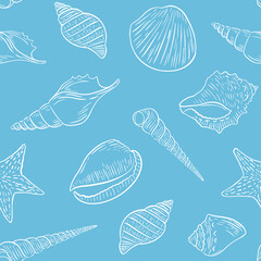 Sketch seashells seamless pattern vector illustration. Marine background with underwater inhabitants. Outline shellfish, gentle pastel background. Template for wallpaper and fabric.
