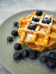 close gluten-free pumpkin Belgian waffles, sprinkled with powdered sugar and blueberries, lie with cinnamon sticks on a gray plate on a gray table. side view. vegan breakfast
