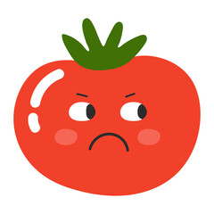 Angry cartoon tomato with face expression. Healthy food doodle vegetable vector illustration. Harvest object in flat style showing emotions. Ingredient for salad