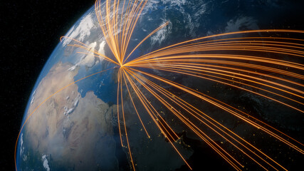 Earth in Space. Orange Lines connect Istanbul, Turkey with Cities across the World. Worldwide Travel or Communication Concept.