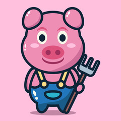 vector illustration of cute pig holding a big fork