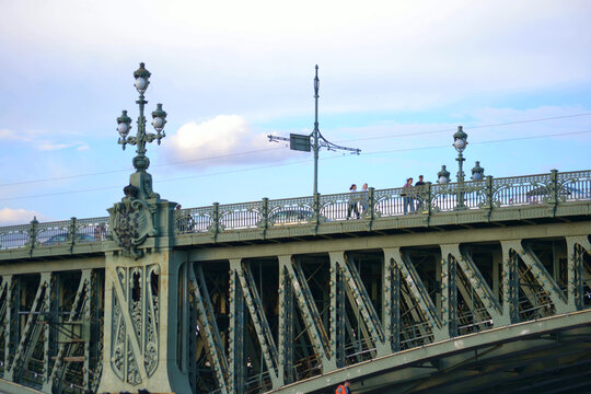Trinity or Eiffel bridge of Saint Petersburg across the Neva river in white nights, Russia, closeup