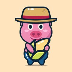 
vector illustration of cute pig holding big corn