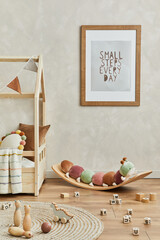 Stylish composition of cozy scandi child's room interior with mock up poster frame, bed, plush...