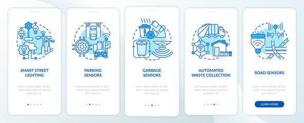 Smart city infrastructure blue onboarding mobile app page screen. City structures walkthrough 5 steps graphic instructions with concepts. UI, UX, GUI vector template with linear color illustrations