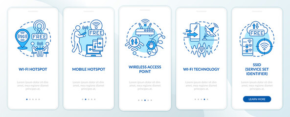 Smart city access to the Internet ways onboarding mobile app page screen. Walkthrough 5 steps graphic instructions with concepts. UI, UX, GUI vector template with linear color illustrations