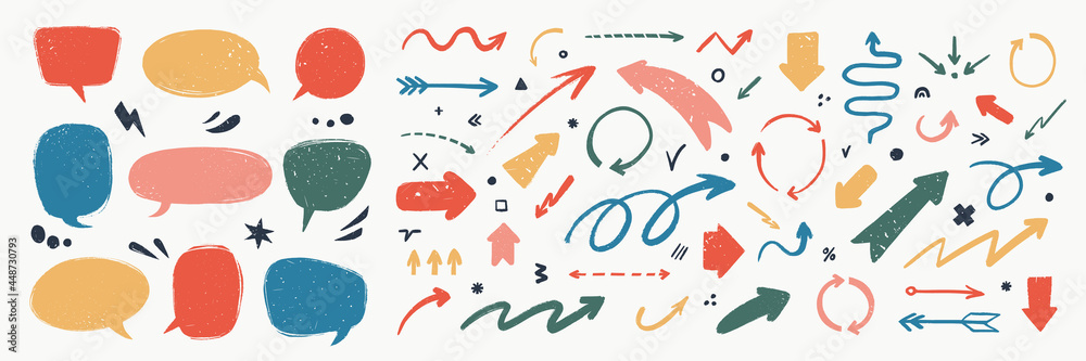 Fototapete abstract arrows and speech bubbles set. various doodle arrows and talk balloons with grunge texture.