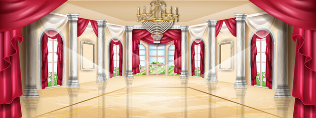 Palace interior vector background, castle hall, classic ballroom illustration, arch window, marble column. Luxury wedding banquet room, gallery apartment, golden chandelier. Vintage palace interior © Oleksandra