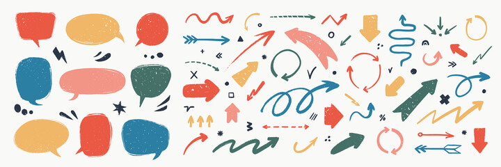 Abstract arrows and Speech bubbles set. Various doodle arrows and talk balloons with grunge texture. Hand-drawn abstract vintage infographic Vector collection. © ✦ Bizarre Factory ✦