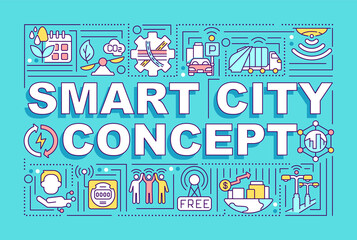 Smart city word concepts banner. Intelligent city control system. Infographics with linear icons on blue background. Isolated creative typography. Vector outline color illustration with text