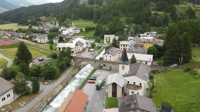Drone view at the village of Susch on the Swiss alps
