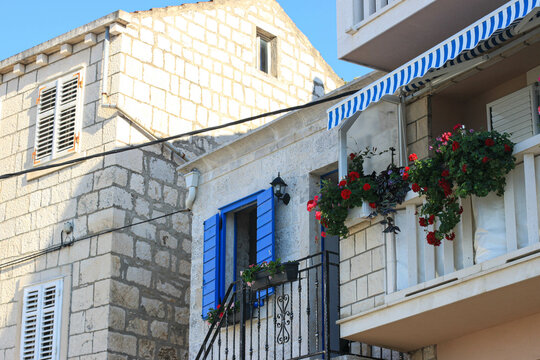 The stone facades in the street of Racisce village, Corcula island, Croatia