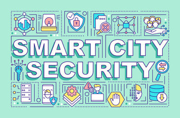 Fototapeta na wymiar Smart city security word concepts banner. Avoid cyberattacks on servers. Infographics with linear icons on blue background. Isolated creative typography. Vector outline color illustration with text