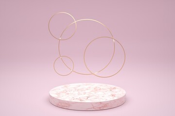 3D Rendering Scene Circle White Pink Marble Podium Display with Golden Circle Frames Behind on The Pale Pink Background Design.