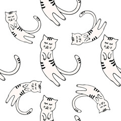 Funny vector seamless pattern with hand drawn difference cats, paws, naive childish ornament. Doodle pattern for printing on fabric, clothing, wrapping paper, wallpaper for a kid's room, baby things