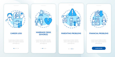 Fototapeta na wymiar Financial problems onboarding mobile app page screen. Midlife crisis walkthrough 4 steps graphic instructions with concepts. UI, UX, GUI vector template with linear color illustrations