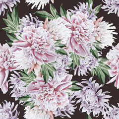 Bright seamless pattern with flowers. Peony. Watercolor illustration. Hand drawn. - 448731535