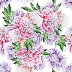 Bright seamless pattern with flowers. Peony. Watercolor illustration. Hand drawn.