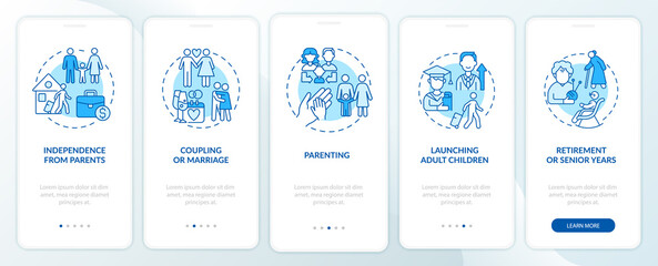 Fototapeta na wymiar Independence from parents onboarding mobile app page screen. Coupling and marriage walkthrough 5 steps graphic instructions with concepts. UI, UX, GUI vector template with linear color illustrations