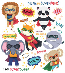 Set of cute six little cartoon animal Super Heroes with elephant, lion, panda, whale, koala and fox wearing capes and masks with assorted text, colored flat vector illustration on white background