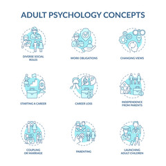 Adult psychology blue concept icons set. Maturity problem. Starting a career. Launching adult children idea thin line color illustrations. Vector isolated outline drawings. Editable stroke