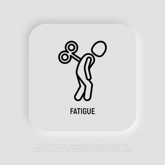 Fatigue, emotional burnout thin line icon: tired man with clockwork key in his back. Low energy, overworked. Vector illustration of depression, neurosis, chronic tiredness.
