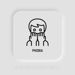 Phobia, anxiety, panic attack thin line icon: scared man. Mental disorder. Vector illustration.