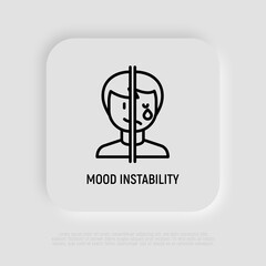 Bipolar disorder, mood instability thin line icon. Mental illness. One half of face is happy, other is crying. Vector illustration.