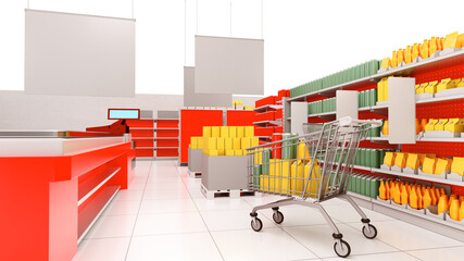 Blank Banner In Supermarket, Products in Box, Empty Shelves, Cash Register Counter, Cashier Checkout , 3D Mock-up