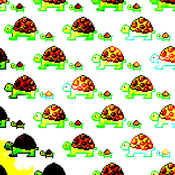 Turtles pattern pixel art. Pixel art turtle's pattern. Bright background.