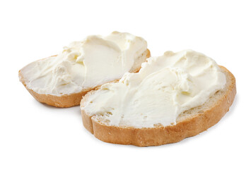 Bread with cream cheese on white background