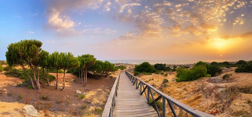 The gateway to La Barrosa beach at sunset in Cadiz, Spain - obrazy, fototapety, plakaty