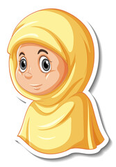 A sticker template with portrait of a muslim girl cartoon character