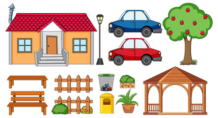 Naklejka premium A house with outdoor decoration set isolated