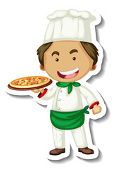 Sticker template with a chef man holds pizza tray isolated