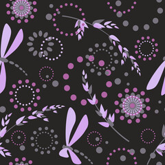 Lilac dragonfly on a black abstract background with circles and dots. Vector seamless pattern. For fabric, wallpaper, wrapping paper, covers, web, etc.
