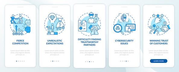 Fototapeta na wymiar Challenges of launching startup blue onboarding mobile app page screen. Business walkthrough 5 steps graphic instructions with concepts. UI, UX, GUI vector template with linear color illustrations